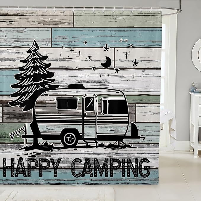 Feelyou Happy Camping Fabric Shower Curtain Shower Curtain Camper for Kids Boys Girls Rv Camping Bathroom Waterproof Accessories with 12 Hooks Rustic Vintage Farmhouse Style Curtains,72x78 Inches