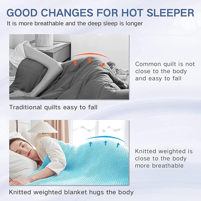 Knitted Weighted Blanket(Blue 50"x75" 15lbs),Home Décor Cooling Throw Blanket for Hot Sleepers,Hand Made Chunky Knit Heavy Blanket for Adults Use on Full Size Bed