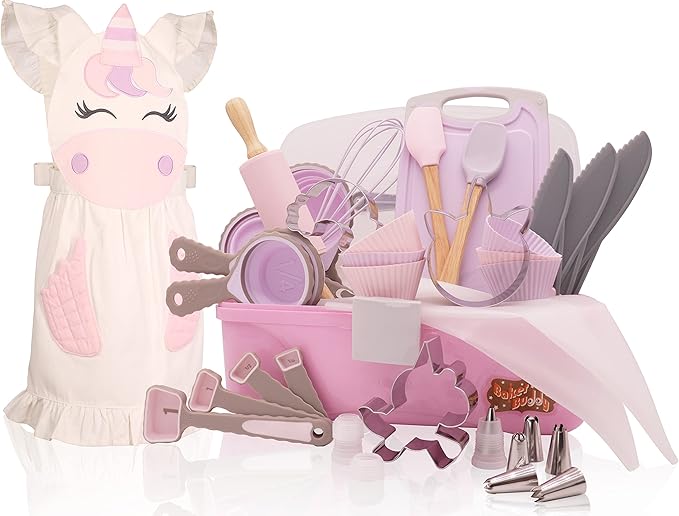 Unicorn Kids Baking Set with storage case, real working utensils, cookie cutters, and baking supplies, beautiful unicorn apron for kids
