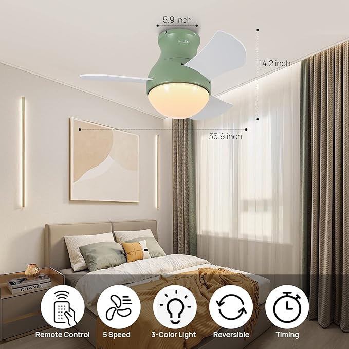 Ceiling Fan with LED Lights Flush Mount Low Profile Ceiling Fan with Remote Control 3 Plywood Fan Blades Small Ceiling Fan with Green Reversible DC Motor for Bedroom Living Room