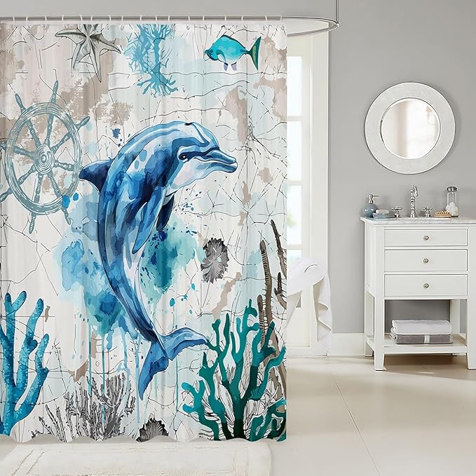 Feelyou Dolphin Fabric Shower Curtain Ocean Shower Curtain for Kids Boys Girls Sea World Bathroom Waterproof Accessories with 12 Hooks Underwater Sea Animal Curtains,72x78 Inches