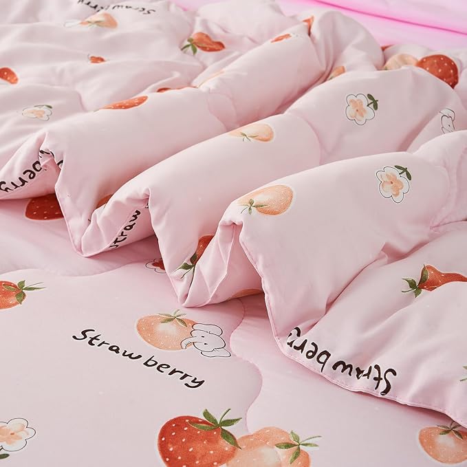 Wajade Girls Strawberry Comforter Set Bed in A Bag Full Size 7 Piece Pink 3D Cute Strawberry Fruit Bedding Set for Kids (1 Comforter, 1 Flat Sheet, 1 Fitted Sheet, 2 Pillowcase and 2 Pillow Sham)