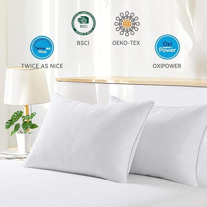 puredown® Goose Feathers Bed Pillows, 100% Cotton Cover, King Size Hotel Collection Pillows Set of 2 for Sleeping with Silver Piping, Feather and Polyester Filling