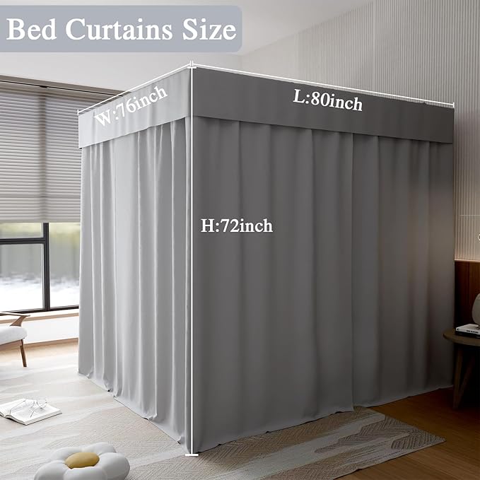 Hvqic Grey Canopy Bed Curtains - 4 Corner Post Bed Curtains King Bed Curtains Lightproof Drapes Bed Canopy for Adults & Girls Bedroom Decoration(King,Grey)
