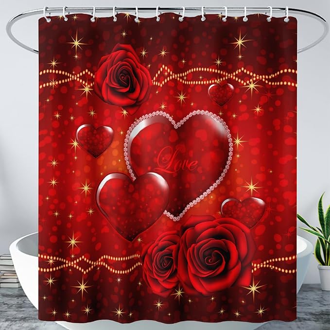 AILONEN Red Hearts Rose Shower Curtain for Bathroom Decor, Romantic Flower Bathroom Curtain 72" W*72" H,Valentine Bath Curtain Polyester Waterproof Shower Curtain with 12 Hooks