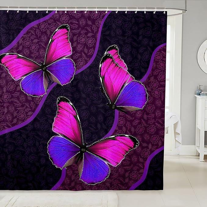 Feelyou Butterfly Shower Curtain 72"x78" Kids Butterflies Botanical Floral Print Bathroom Shower Curtain Set for Boys Girls Teens Geometric Stripes Bath Curtain Pink Purple Bathroom Accessories