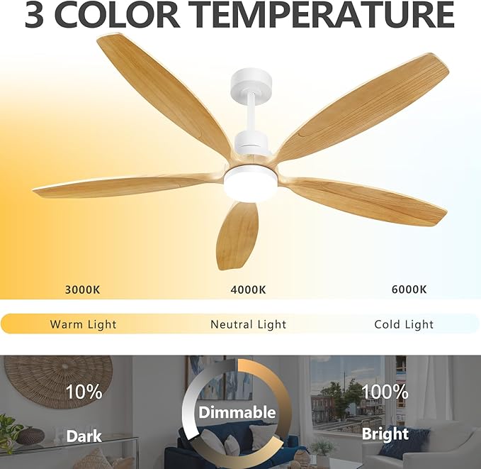 60" Ceiling Fan with Light and Remote,Reversible DC Motor,6Speed,Modern Natural Wood Ceiling Fan with Dimmable LED for Outdoor Patios Bedroom Living Room,Original Walnut and White