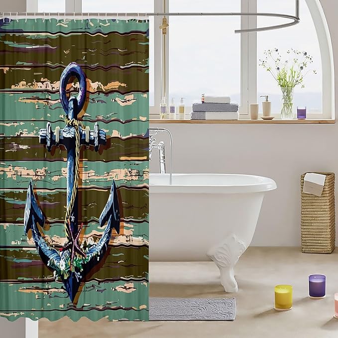 Feelyou Anchor Nautical Shower Curtain Wooden Anchor Decor Fabric Shower Curtain for Kids Boys Girls Vintage Green Bathroom Waterproof Accessories with 12 Hooks Rustic Farmhouse Curtains,72x84 Inches