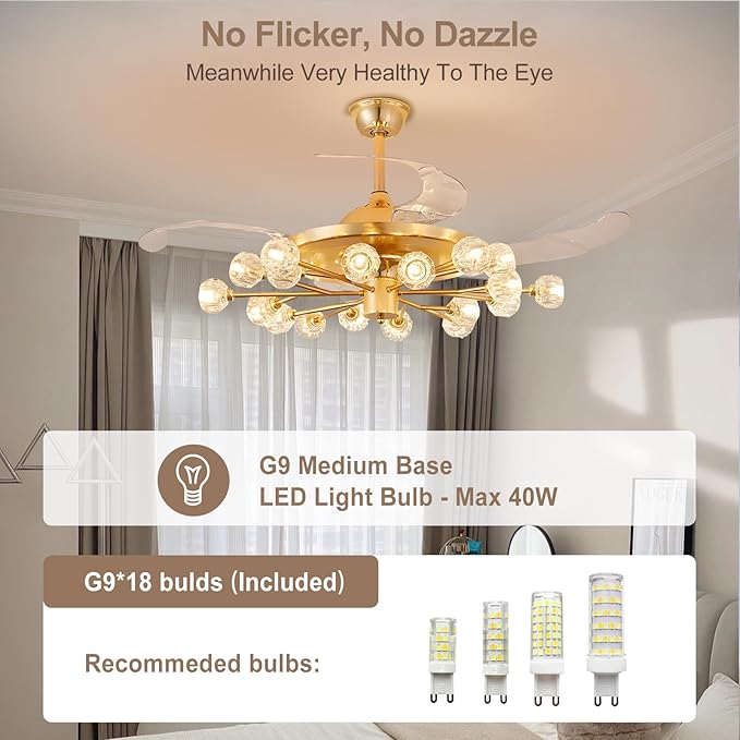 Sputnik Crystal Ceiling Fan Chandelier: 42" Gold Fandelier Ceiling Fans with 18 Lights and Remote Modern - Retractable Fandelier Ceiling Light for Living Dining Room Kitchen Bedroom