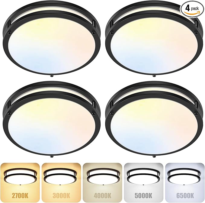 4-Pack 36W LED Flush Mount Ceiling Lights, 3200LM Black Ceiling Light Fixtures, 5 Color in One (2700K/3000K/4000K/5000K/6500K), 12'' Modern Round Ceiling Lamp for Kitchen Hallway Stairwell Offices
