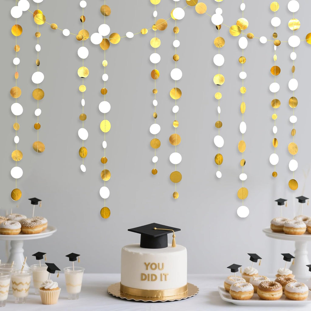46 Feet White and Gold Circle Dots Garland Hanging Paper Polka Dots Streamer for Birthday Bachelorette Engagement Anniversary Wedding Baby Bridal Shower Christmas Holiday Party Decorations Supplies