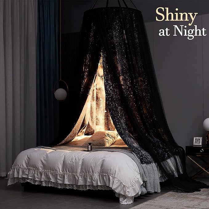 Kertnic Gorgeous Moon Printed Bed Canopy for Girls & Adults, Room Decorative Cozy Bed Curtain Canopy Drapes, Round Dome Luxurious Lace Princess Canopies Mosquito Netting (Print Moon)