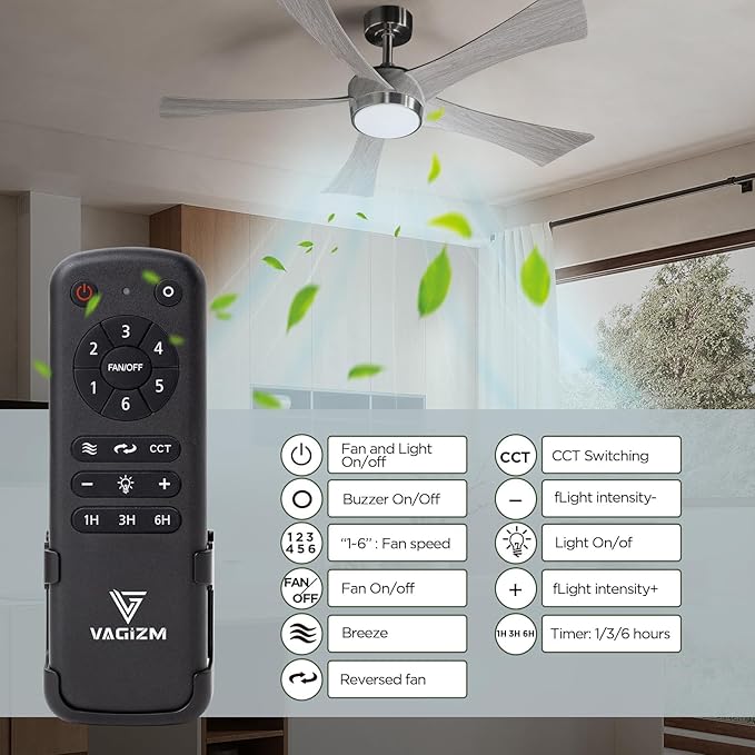 Ceiling Fan with Light Remote: 52 Inch Modern Bedroom Fans with Dimmable Tri-Color Temperatures LED - Water Transfer Printing 5 Blades (Brushed Nickel+Gray-5)