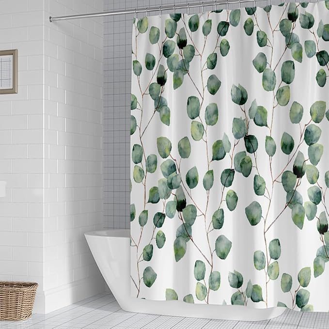 Shower Curtain Watercolor Green Floral Leaf for Bathroom Decor, 70.8" x 78.7" Waterproof Polyester Fabric Plant Shower Curtain Art Bath Curtain with 12 Hooks