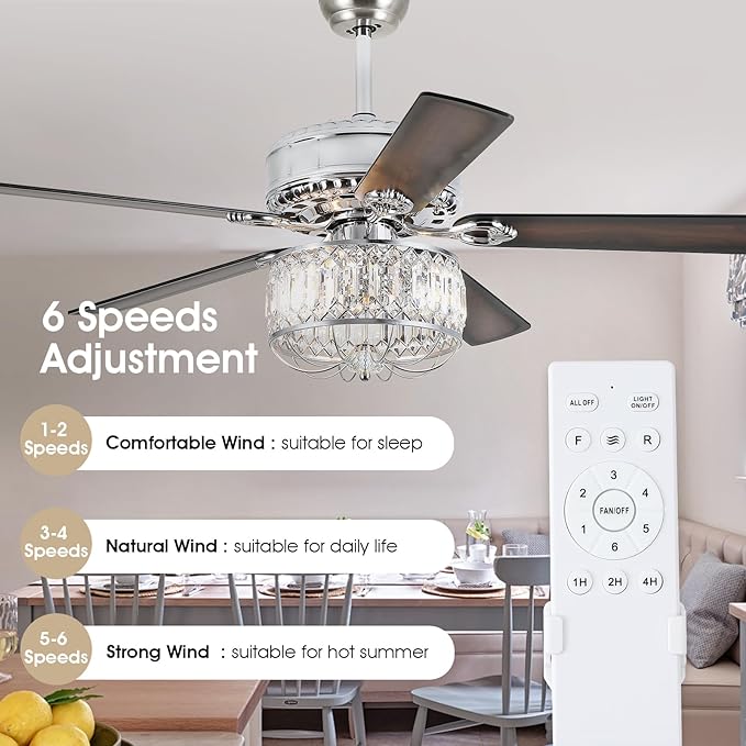 Chandelier Ceiling Fans with Lights - 52 Inch Modern Farmhouse Fandelier Ceiling Fan with Remote, Crystal Ceiling Fan Light for Bedroom Living Room, Dual Finish Wooden Blades, Chrome