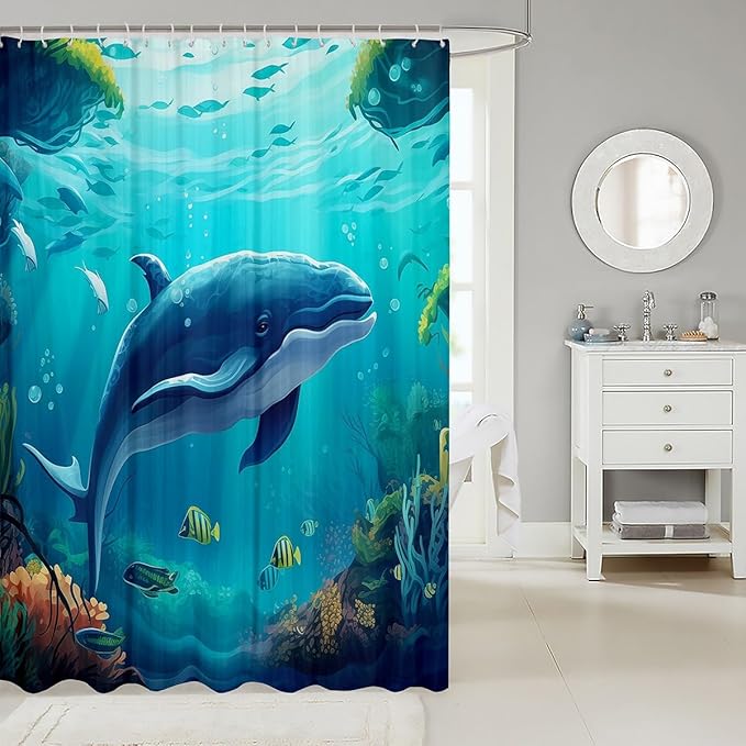 Feelyou Whale Shower Curtain Cute Whale Fabric Shower Curtain for Kids Boys Girls Blue Ocean Theme Bathroom Waterproof Accessories with 12 Hooks Ocean Animal Curtains,72x84 Inches