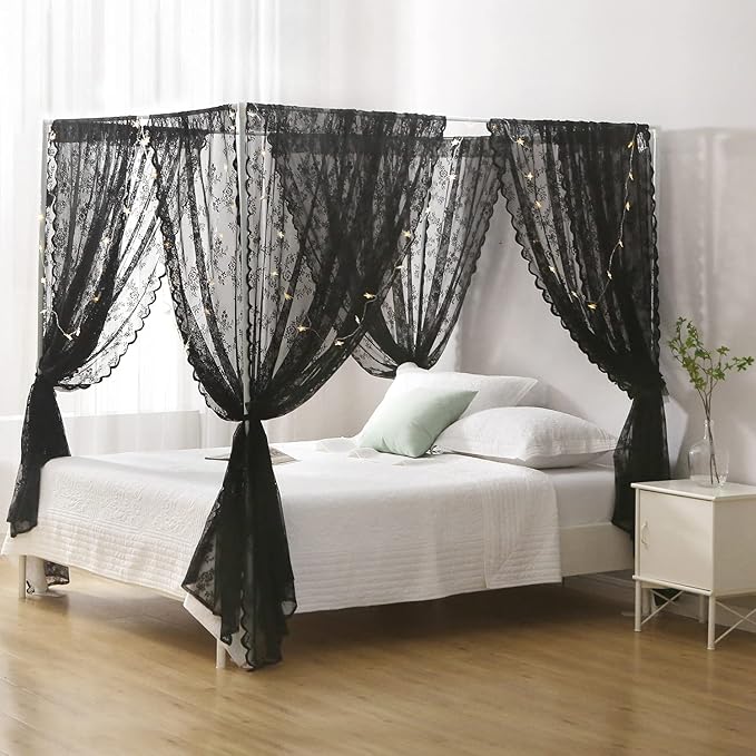Black French Lace Canopy Bed Curtain Queen, Gothic Style Bed Canopy for Girls Bed Scarf Room Decor