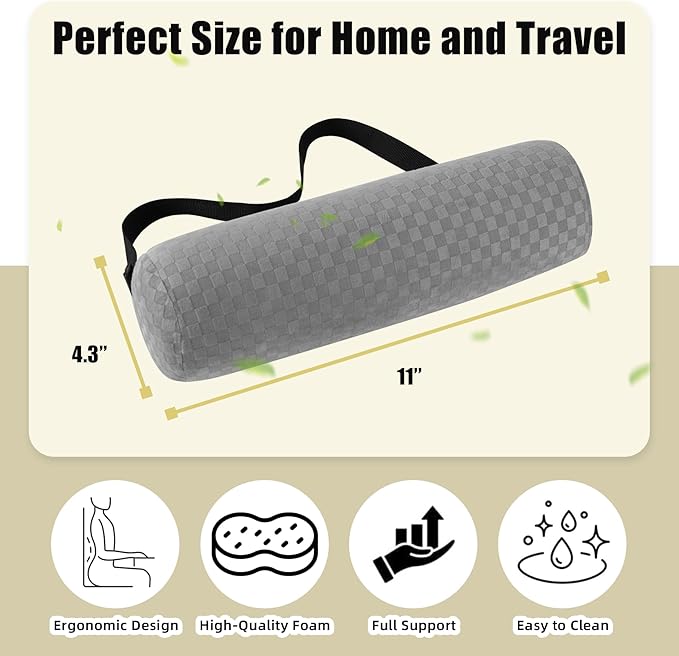 Lumbar Roll Pillow for Lower Back, Lumbar Support Foam Roll Cushion with Pillowcase and Upgraded Strap for Office, Chair, Car, Seat Pain Relief & Improving Posture (Light Grey, Short-11*4.3'')
