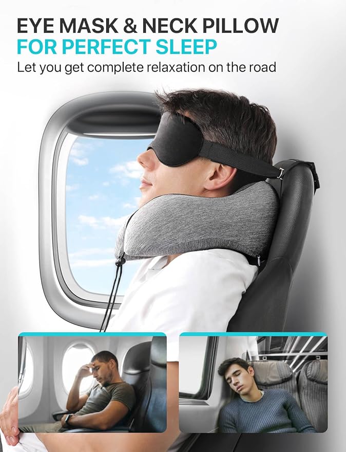 ALLJOY Travel Neck Pillow for Sleeping-Prevents Head Forward,100% Pure Memory Foam Travel Pillow with Eye Mask, Adjustable Clasp, and Seat Strap - Comfort Travel Kit for Airplane, Train, Car