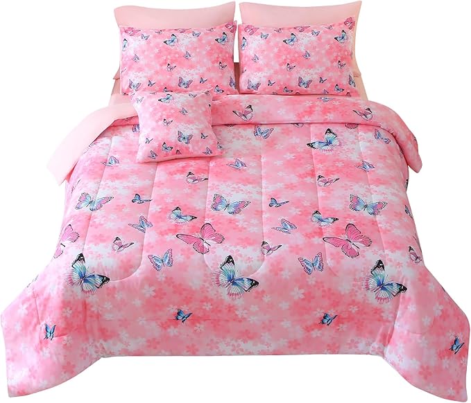 JQinHome 8 Piece Butterfly Comforter Set Full, 3D Pink Flower Printed Butterfly Bedding Set,All Season Microfiber Butterfly Theme Home Decor Bedding for Girls with Sheet Sets(Pink)