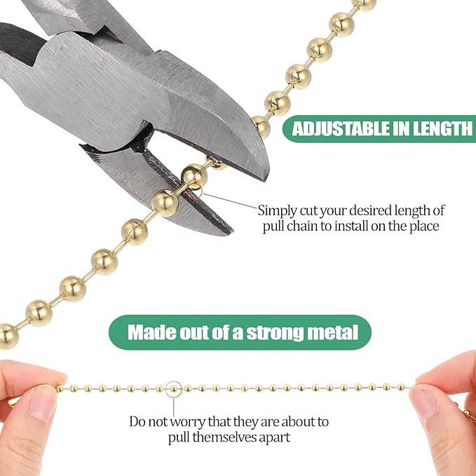 3 Pack Pull Chain String Extension Ceiling Fan Pull Chain Stainless Steel Switch Chain Extender wif Connector, for Ceiling Fan Light Fixture Light Bulb,1 Meter Length(Gold)