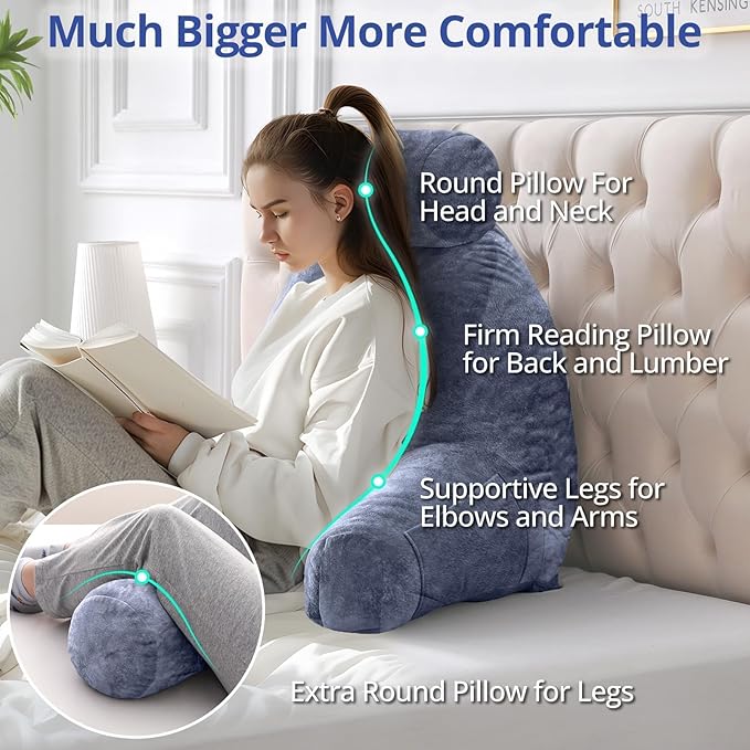 Sasttie Reading Pillow for Sitting in Bed Adult, Extra Large Back Pillow for Bed, Backrest Pillow with Detachable Head Support Cushion, College Dorm Essentials for Girls and Boys, Grey Purple