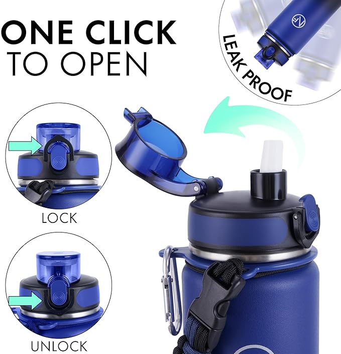 32 oz Insulated Water Bottle With Detachable Straw & Paracord Handle, Stainless Steel Thermos Water Bottle with Leakproof Lockable Lid, BPA-Free Sports Bottle (Blue Black Gradient)