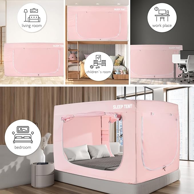 BORNA Bed Tent Bunk Twin Bed Canopy for Indoor Portable Light Reducing Sleeping Canopy for Kids and Adult,Bunk Blackout Tents Breathable Privacy Space Tent Mosquito Netting for Bed(Macaron Pink)