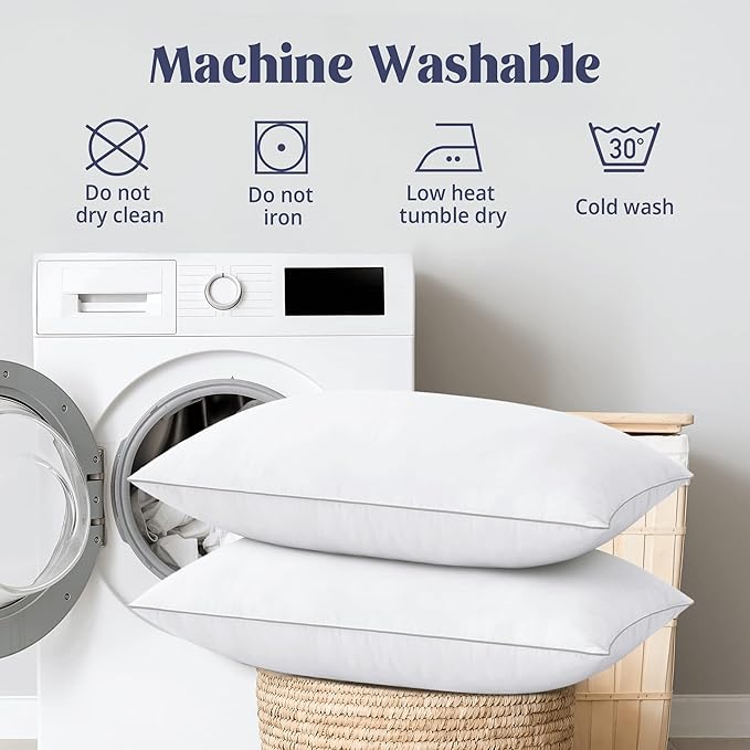 puredown® Goose Feathers Bed Pillows, 100% Cotton Cover, Queen Size Hotel Collection Pillows Set of 2 for Sleeping with Silver Piping, Feather and Polyester Filling