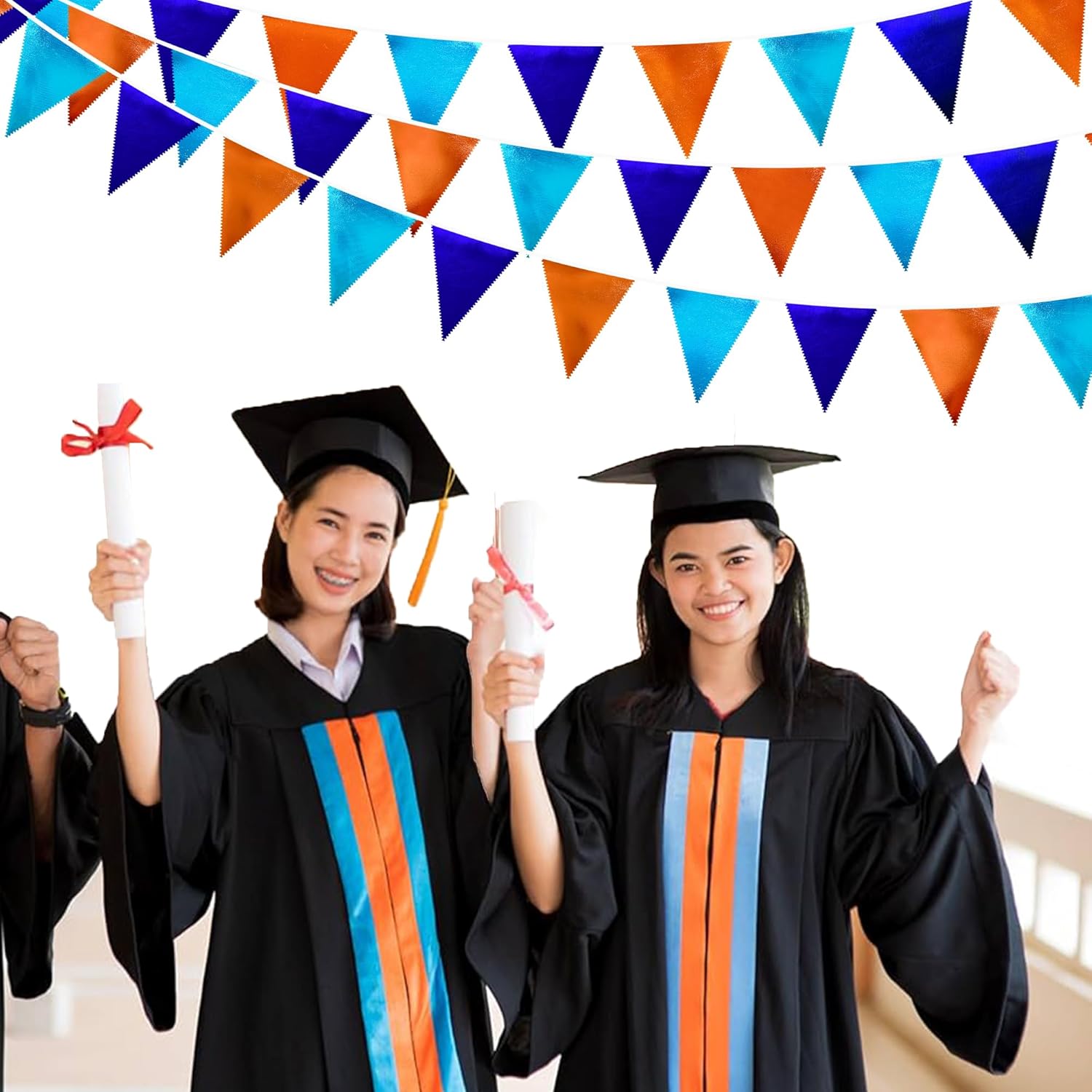 Orange Blue Party Decorations Metallic Fabric Triangle Pennant Flag Bunting Banner Garland for Birthday Baby Shower Graduation Bridal Shower Wedding Bachelorette Engagement Space Theme Party Supplies