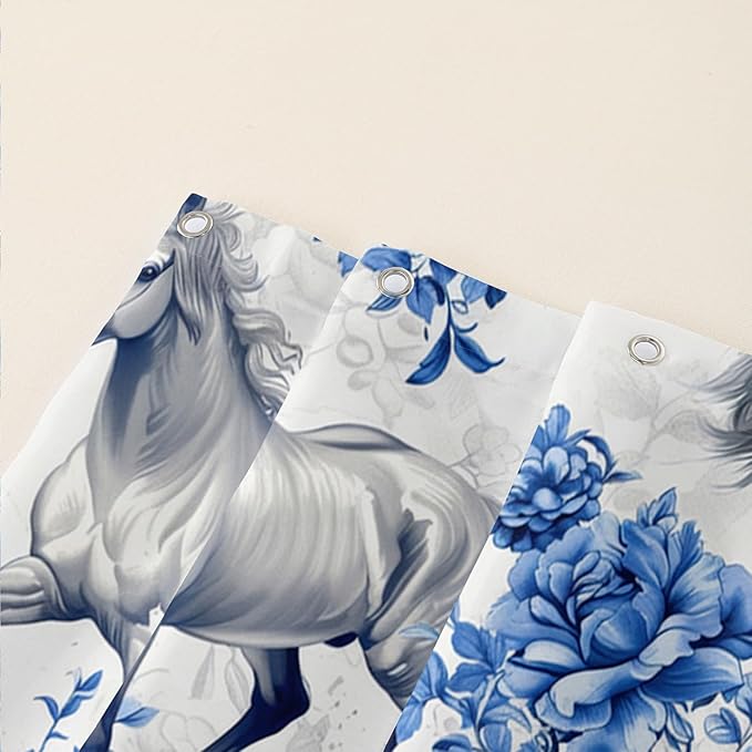 AILONEN Blue Floral Horse Shower Curtain,Farm Animal Printed Galloping Horse Bath Curtain,Minimalist Flower Girls Women Bathroom Curtain Decor, 48" W x 72" H