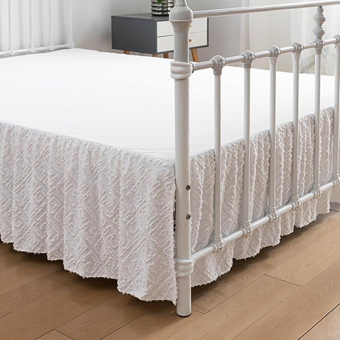 Tufted Bed Skirt Twin Size,Ruffled Bed Skirt with Split Corners, Twin Bed Skirt 14 Inch Drop, Boho Twin Size Bed Skirt White for Ruffled Bed Skirt with Split Corners, Bed Skirt Twin Size