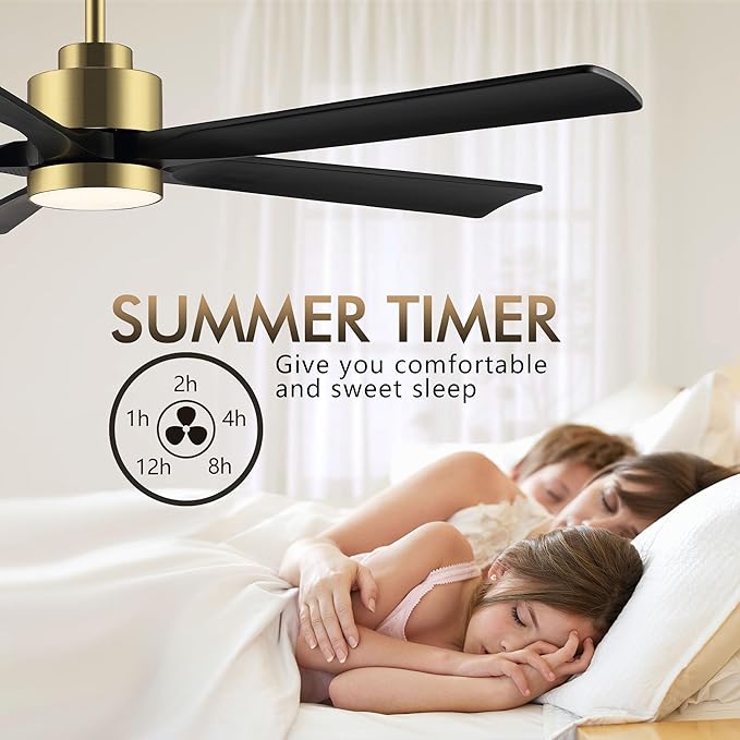 60" Modern Ceiling Fan with Light and Remote Control, 5 Solid Wood Blades 6-Speed Noiseless Reversible DC Motor, Ceiling Fan for Bedroom Dinning Living Room, Gold Finish with Black Blades