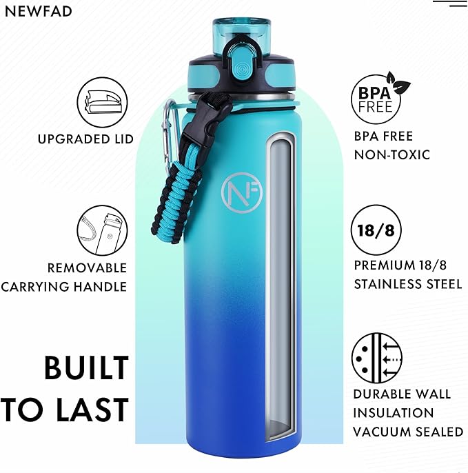 32 oz Insulated Water Bottle With Detachable Straw & Paracord Handle, Stainless Steel Thermos Water Bottle with Leakproof Lockable Lid, BPA-Free Sports Bottle (Lake Blue Gradient)