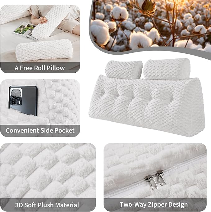 Wedge Headboard Pillow - Bed Wedge Pillow for Headboard Triangular Headboard Pillow with Neck Roll Pillow-Large Bolster Pillow for Sitting in Bed Backrest Positioning Support (White,76x8x20 Inches)