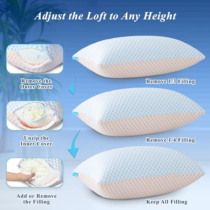 Cooling Pillows for Sleeping Queen Size Set of 2, Shredded Memory Foam Pillow- Staying Cold All Night, Supportive Gel Pillows for Hot Sleepers