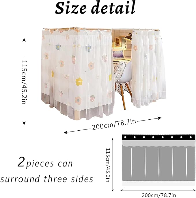Beautiful Gauze Bunk Bed Curtains Drapes with Lace Privacy Bed Canopy for Bottom, 2 Panels, Flower Strawberry