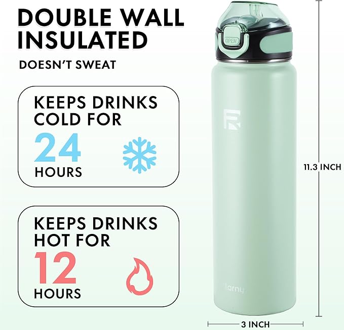 32 oz Insulated Water Bottle with Straw, Stainless Steel Metal Thermos Bottles, Durable Non-Slip Gradient Bottle with Strap for Sports and Travel, Leak Proof (Mint Matte)