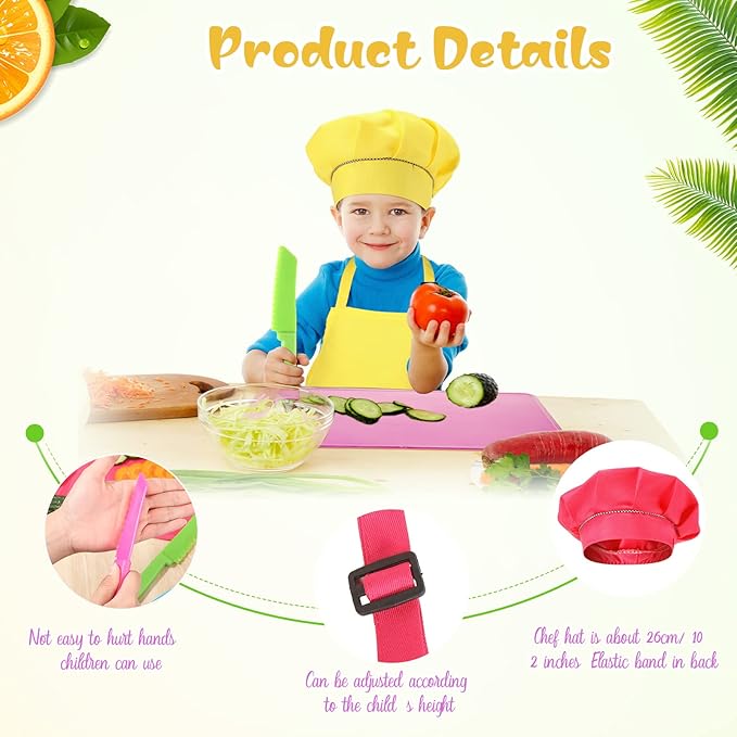 Sratte 20 Pcs Kids Apron and Chef Hat Set Kids Plastic Knife Set with Cutting Board, 5 Toddler Apron 5 Chef Hat 5 Kid Safe Knives 5 Kids Chopping Board for Baking Cooking Club, Preschool Class