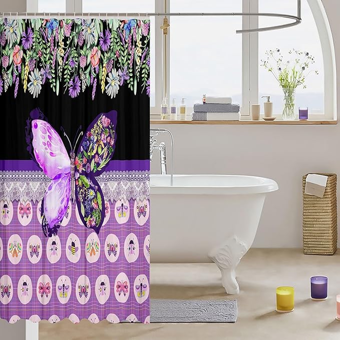 Feelyou Butterfly Shower Curtain 72"x72" Botanical Floral Flower Printed Bathroom Shower Curtain Set for Boys Girls Teens Black Purple Bath Curtain Garden Animal Natural Theme Bathroom Accessories