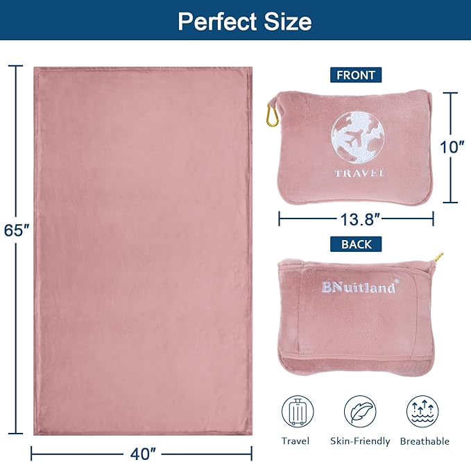 Bnuitland Travel Blanket and Pillow 2 in 1, Soft Flannel Airplane Blanket in Bag Compact-Long Flight Essential for Adults and Kids, Portable Luggage Sleeve and Backpack Clip, 65×40 inch Pink