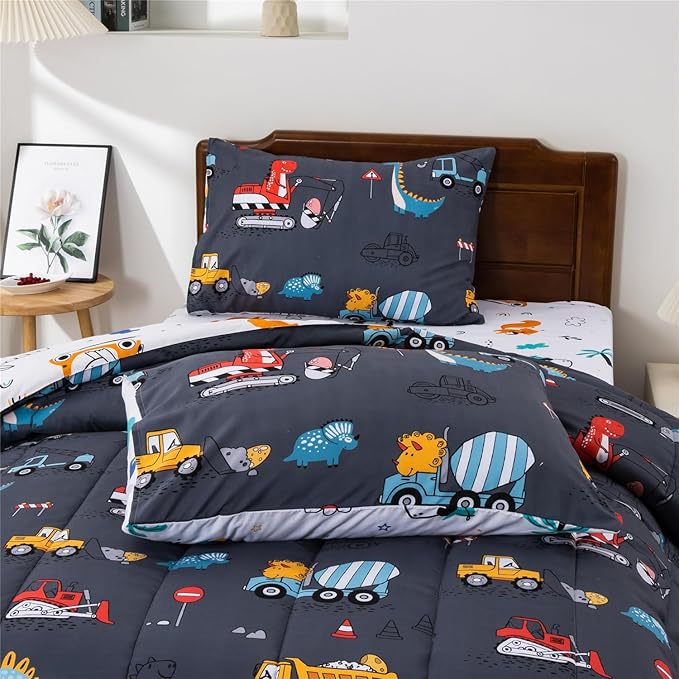 Meeting Story Construction Truck Car Twin Kid Comforter Set for Boys,5 Pieces Dinosaur Bedding Set with Sheets and Pillowcases，Excavator Lightweight Microfiber Bedding Sets（Grey，Twin5pcs）