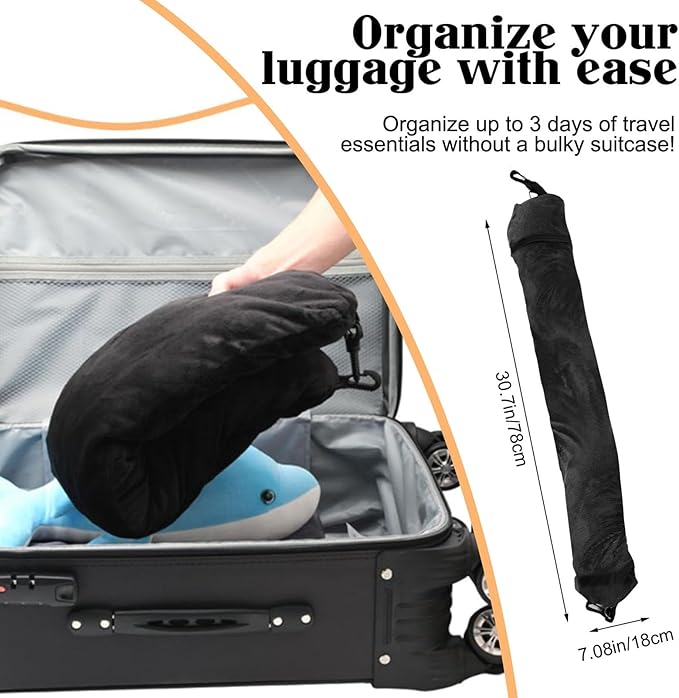 Stuffable Neck Pillow, Travel Neck Pillow Storage Bag for Airplanes, Tube Travel Neck Pillow Stuff with Clothes, No Extra Baggage Fees, Fits 3+ Days of Travel Essentials, No Filler (Black)