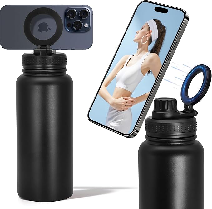 32oz Water Bottle with Magnetic Phone Holder, Stainless Steel Water Bottles Compatible with MagSafe Phone Mount and Tripod for iPhone, Double Walled Insulated tumbler for Gym, Sport
