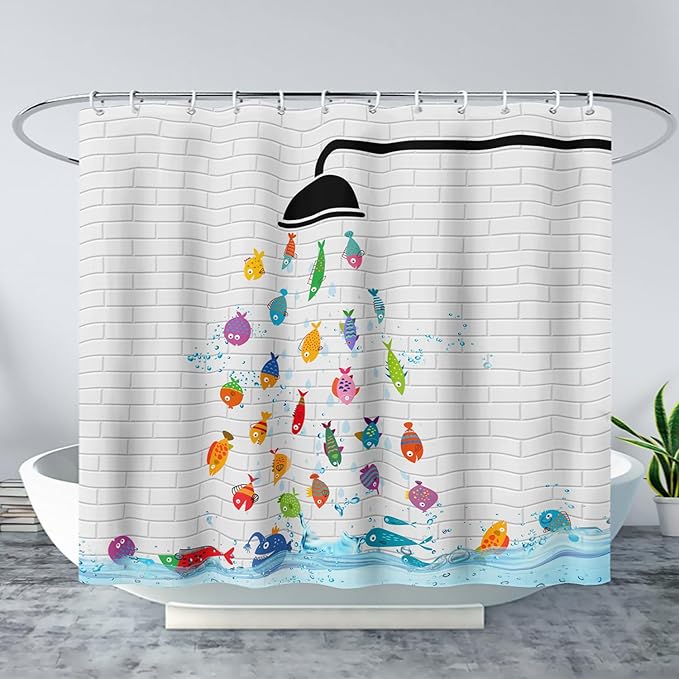 AILONEN Cute Fish Shower Curtain for Kids 36" W*72" H Inch,Raining Fish Playing Water Shower Curtains,12 Pack Hooks Polyester Waterproof Fabric Decor for Bathroom Bathtub Panels