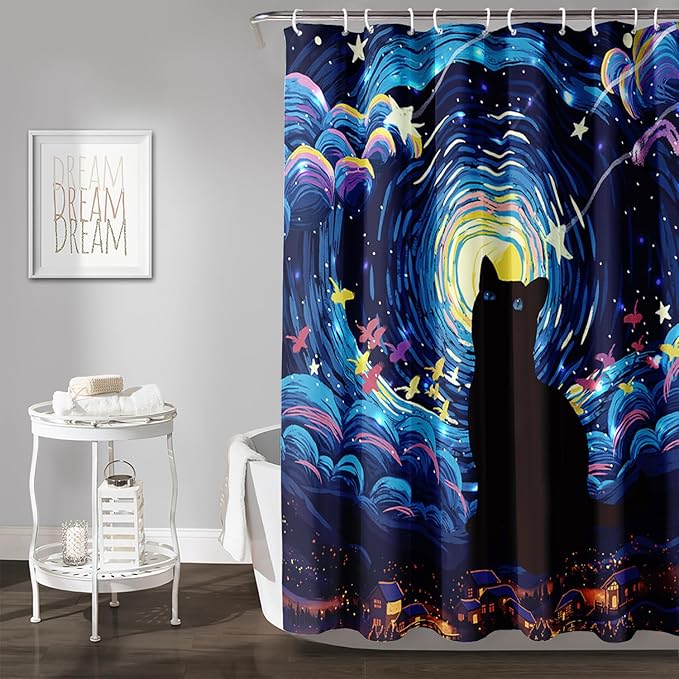 AILONEN Cartoon Black Cat Shower Curtain Set,Starry Night Bath Curtain for Kids Girls Boys,Country Style Shower Curtain,Cat Lovers Animal Shower Curtains for Bathroom Decor, 72" W*96" H