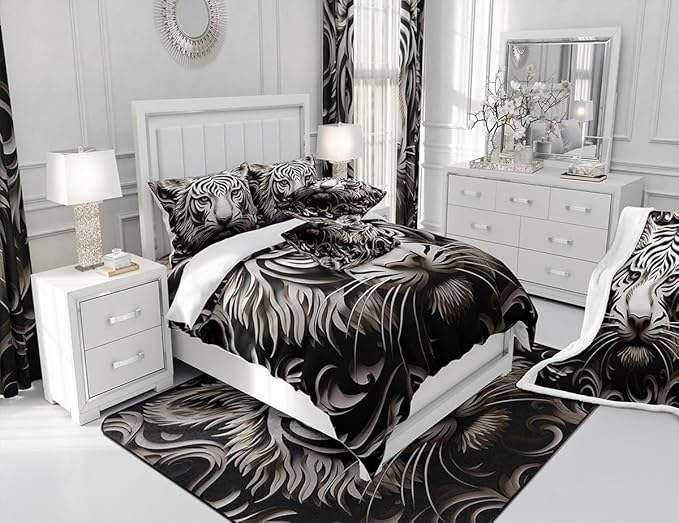 Feelyou Leopard Fabric Shower Curtain for Girls Boys Adult Damask Leopard Bathroom Waterproof Accessories with 12 Hooks Black White Shower Curtain Animal Print Curtains,72x72 Inches