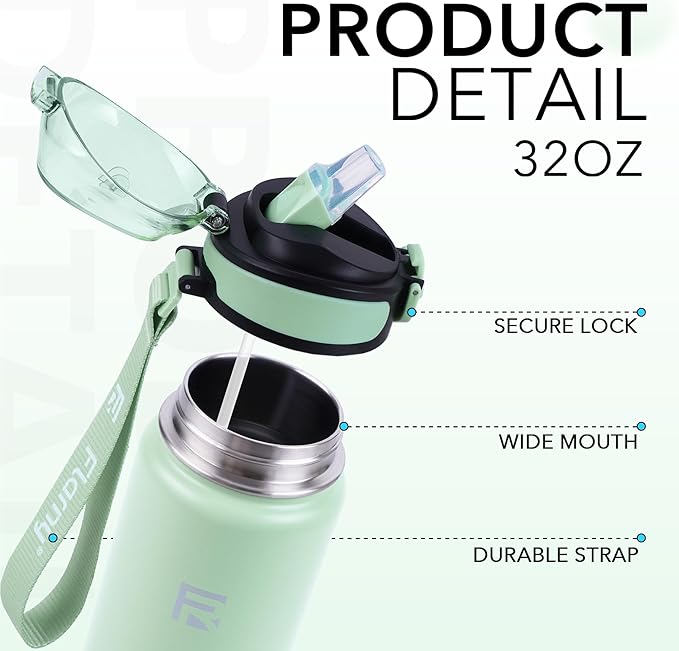 32 oz Insulated Water Bottle with Straw, Stainless Steel Metal Thermos Bottles, Durable Non-Slip Gradient Bottle with Strap for Sports and Travel, Leak Proof (Mint Matte)