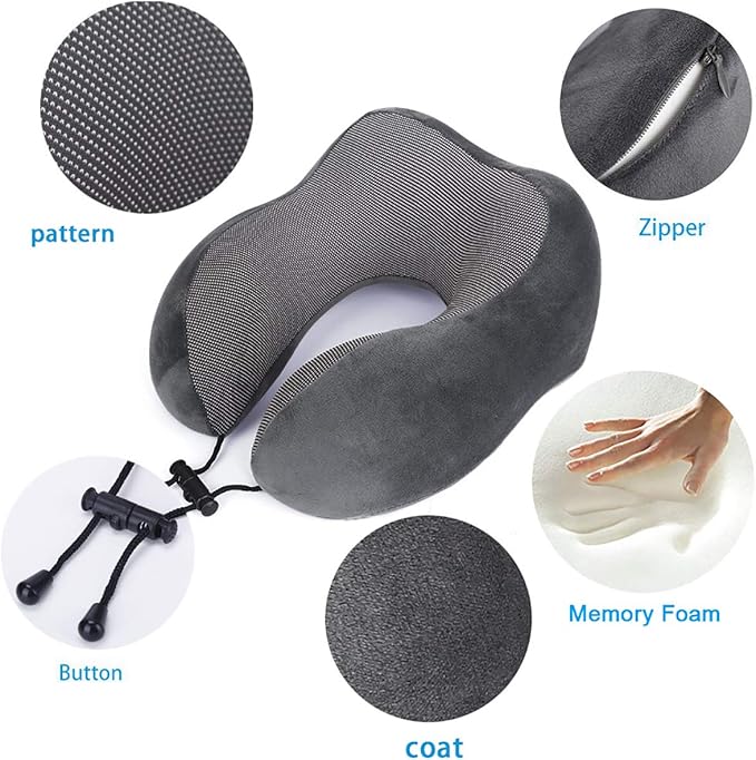 Travel Pillow, Best Memory Foam Neck Pillow Head Support Soft Pillow for Sleeping Rest, Airplane Car & Home Use (Grey)