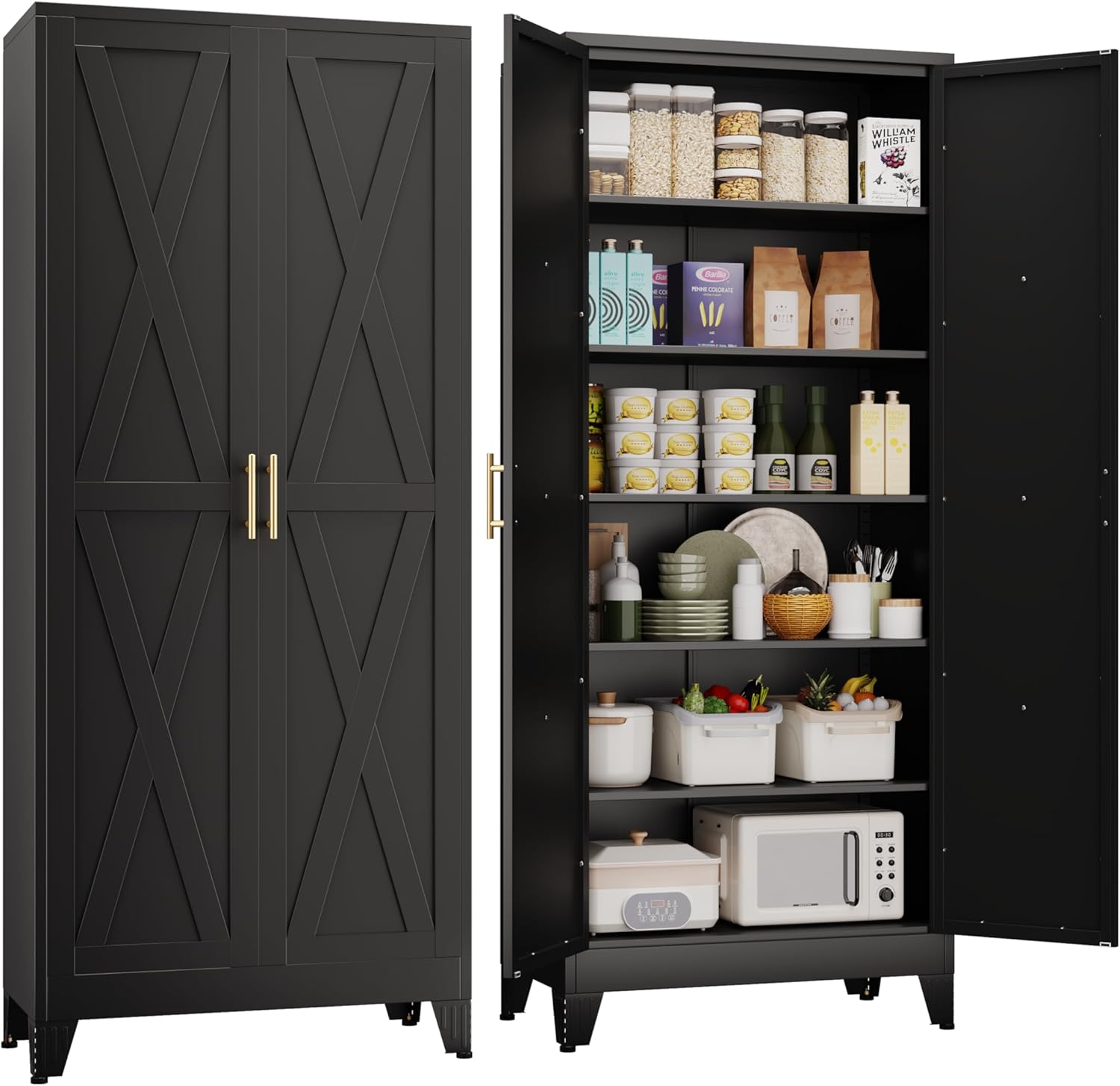 75" Tall Metal Kitchen Pantry Storage Cabinet, Freestanding Cupboard with 2 Doors and 5 Adjustable Shelves, Standing Storage for Kitchen, Bathroom, Garage, Dinning Room or Utility Room（Black）
